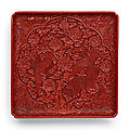 An outstanding and extremely rare large carved cinnabar lacquer ‘Phoenix’ square <b>tray</b>, Mark and period of Xuande (1426-1435)