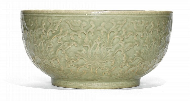 A large moulded and carved ‘Longquan’ celadon bowl, Late Ming dynasty