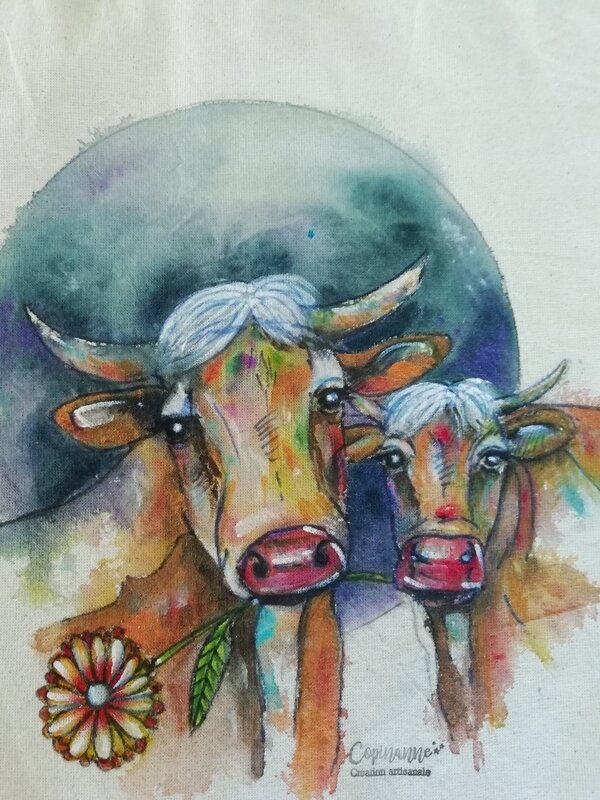  tot bag : les vaches, peintures textiles
