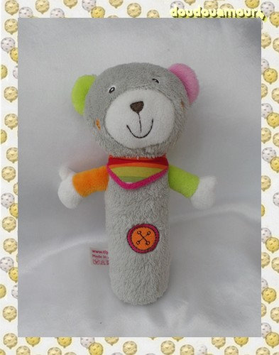 Doudou Peluche Hochet Ours Gris Foulard Rayures Orange Bouton Pouet Tigex