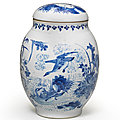 A rare blue <b>and</b> white 'descending geese' ovoid <b>jar</b> <b>and</b> <b>cover</b>, Chongzhen period (1627-1644)