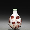 A red overlaid glass snuff bottle decorated with gourds and butterflies. <b>Possibly</b> <b>Imperial</b>, Palace Workshops, Beijing, 1780-1850