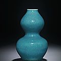 An extremely rare incised <b>turquoise</b>-<b>glazed</b> double-gourd vase, Jiajing six-character mark within double circles and of the period