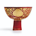A rare red <b>kinrande</b> stembowl with golden lotus, Ming Dynasty, Jiajing Period (1522-1566)