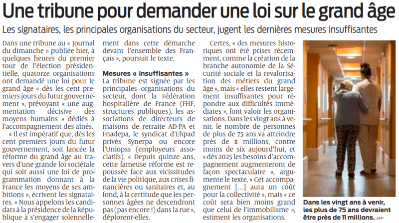 2022 04 11 SO Une tribune pour demander une loi sur le grand âge
