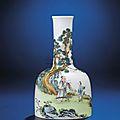An important and very fine inscribed falangcai enamelled '<b>Beneath</b> pine trees' mallet-shaped vase, Yongzheng-Qianlong period