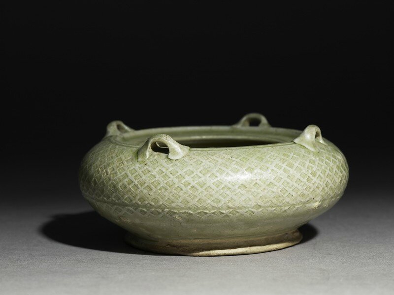 Greenware water pot with loop handles, Yue kiln-sites, late 3rd century - early 4th century AD , Western Jin Dynasty (AD 265 - 316) -Eastern Jin Dynasty (AD 317 - 420)