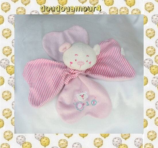 Doudou Peluche Plat Ours Blanc Rose Rayures Echarpe Dodo D'Amour MGM
