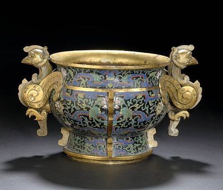 A_rare_black_ground_cloisonn__enameled_bronze_censer_with_phoenix_handle_mounts