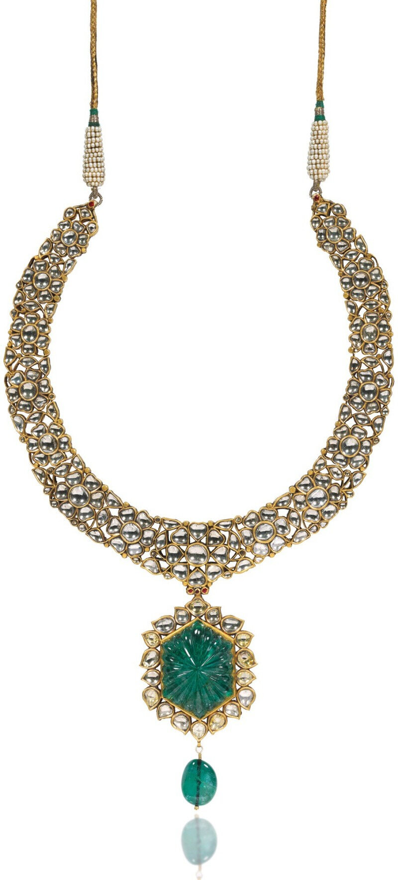 A diamond and carved emerald-set enamelled necklace, India, 19th-20th ...