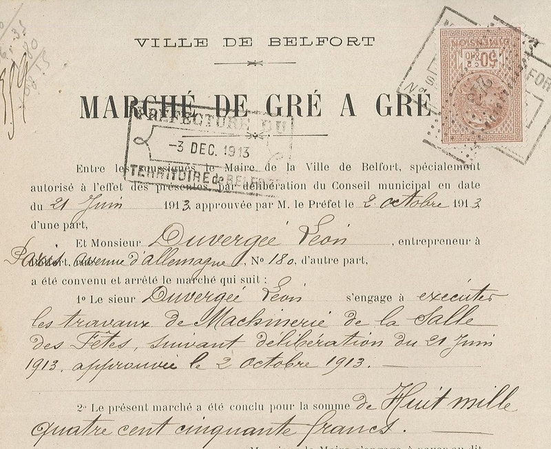 1913 12 01 Salle des Fêtes Marché de gré à gré attribué à Sté Duvergée