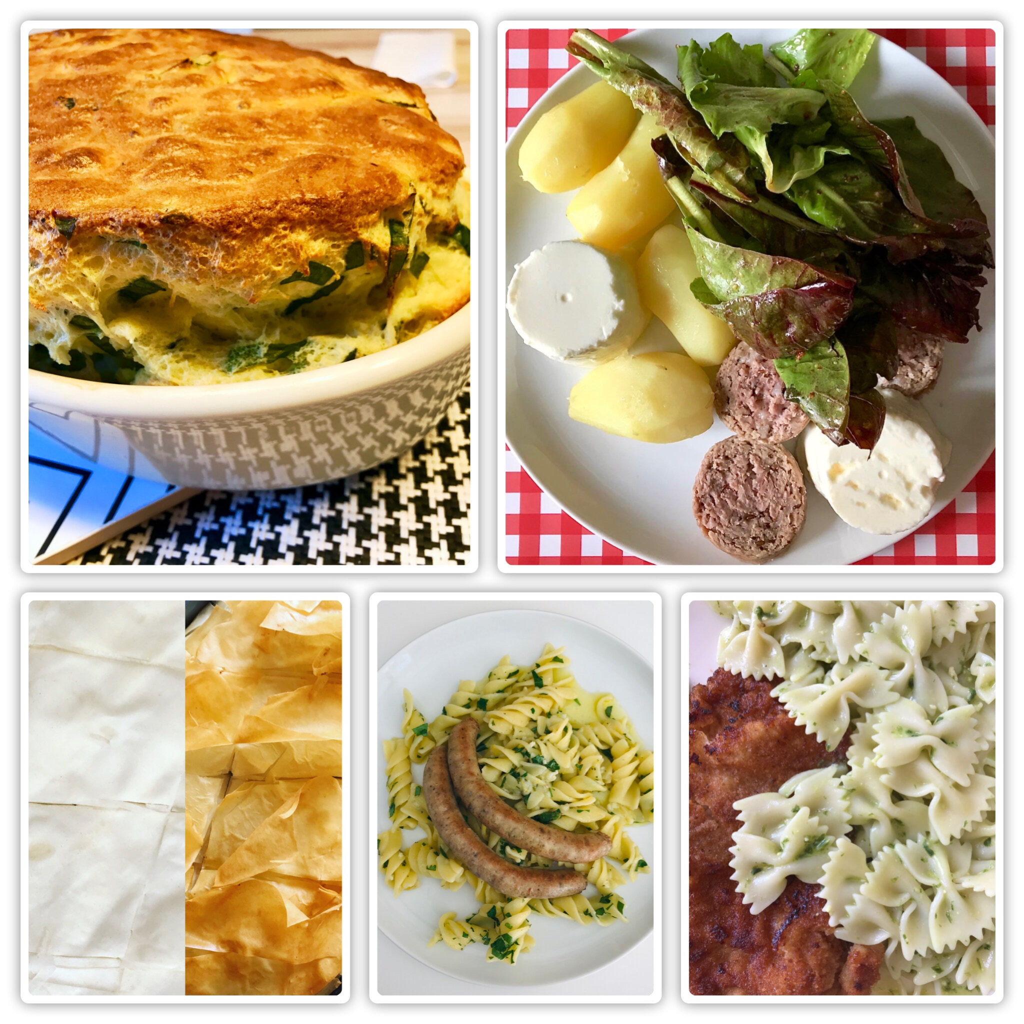 murçon-pommes de terre-faisselle:spanakopita:saucisses de poulet-pâtes au citron:escalope panée-farfalle:soufflé à l'ail des ours