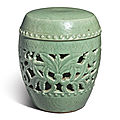 A carved and reticulated <b>celadon</b>-<b>glazed</b> '<b>Longquan</b>' garden seat, Ming dynasty (1368-1644)