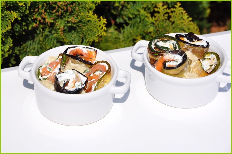 Cocotte d'Aubergine et de Courgette au Saumon et au Haddock à la Crème