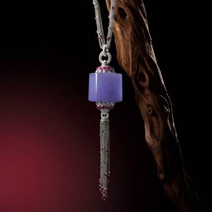 Fine Lavender Jadeite Archer's Ring, Ruby and Diamond Pendent Necklace