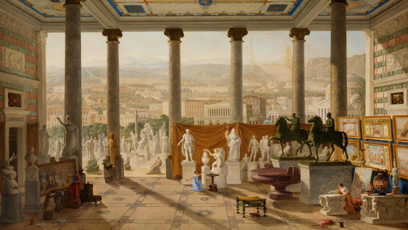 A: Antonio Niccolini 1772:1850 et Letterio Subba 1787:1868, Vue recomposée de Naples et des antiques du Real Museo Borbonico, 1829