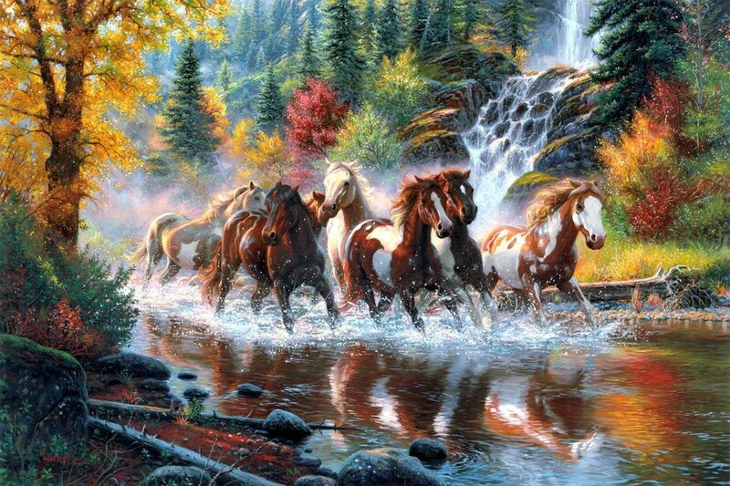 163563__mark-keathley-horses-horses-herd-river-waterfall-forest-autumn-trees-art_p