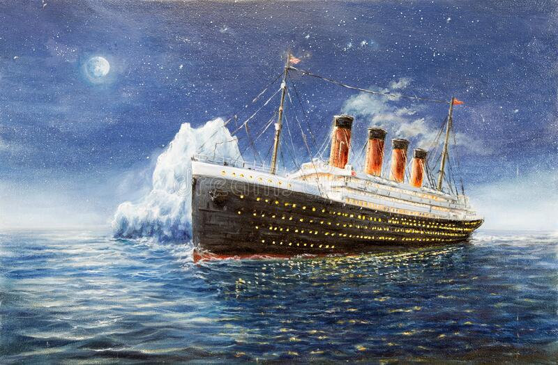 le-titanic-et-iceberg-peinture-à-l-huile-originale-du-d-dans-océan-la-nuit-sur-toile-pleine-lune-les-étoiles-impressionnisme-200487951