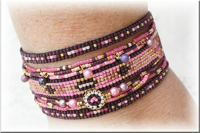 bracelet loom muliti bandes violet rose or 2
