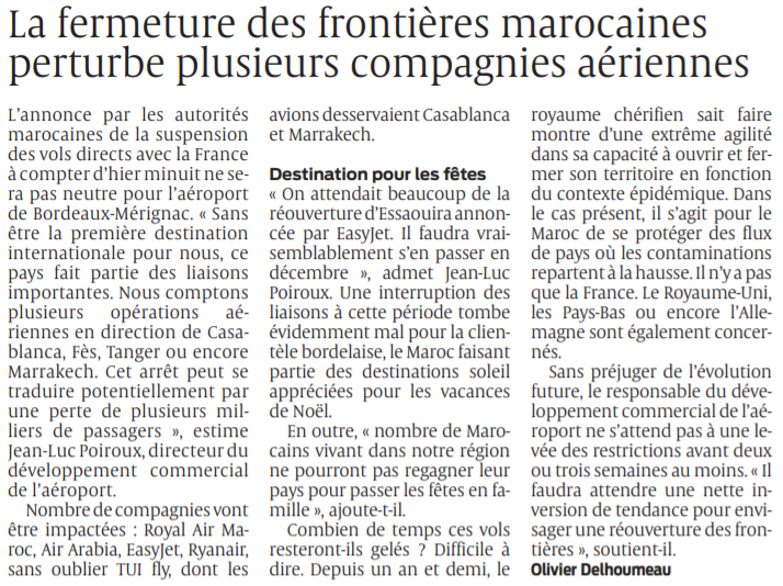 2021 11 27 SO La fermeture des frontières marocaines perturbe plusieurs compagnies aériennes