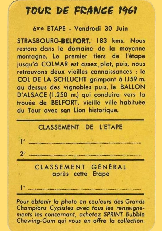 Image publicitaire Touir de France 1961 Strasbourg Belfort V