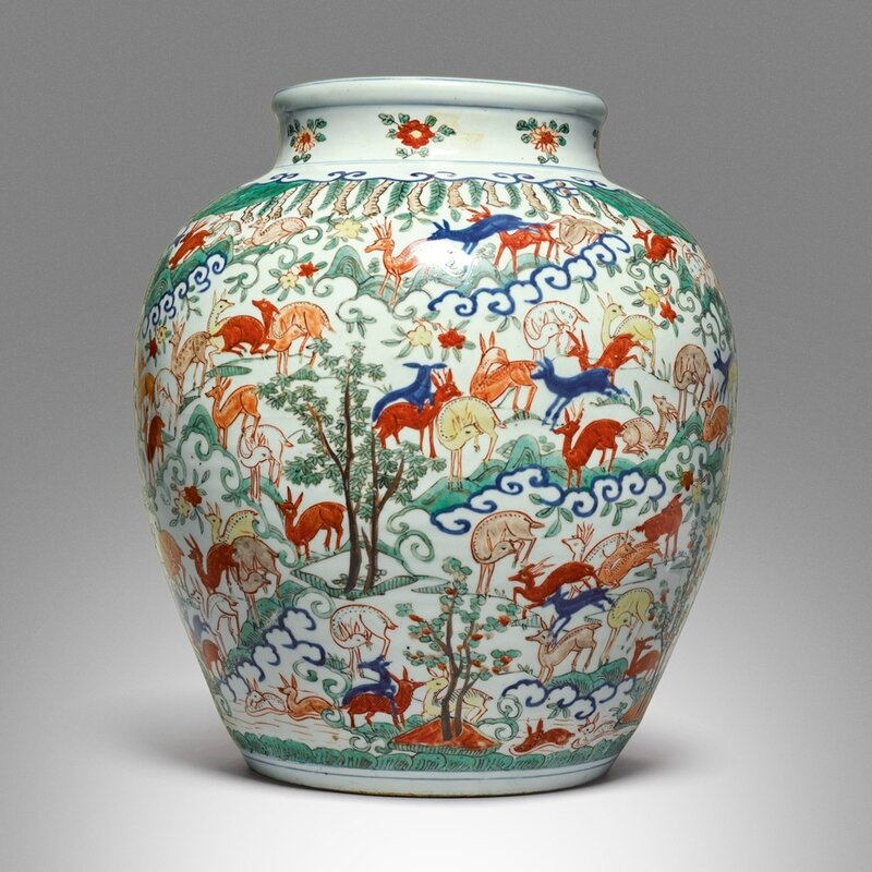 A large and important wucai 'hundred deer' vase, Wanli mark and period (1573-1619)
