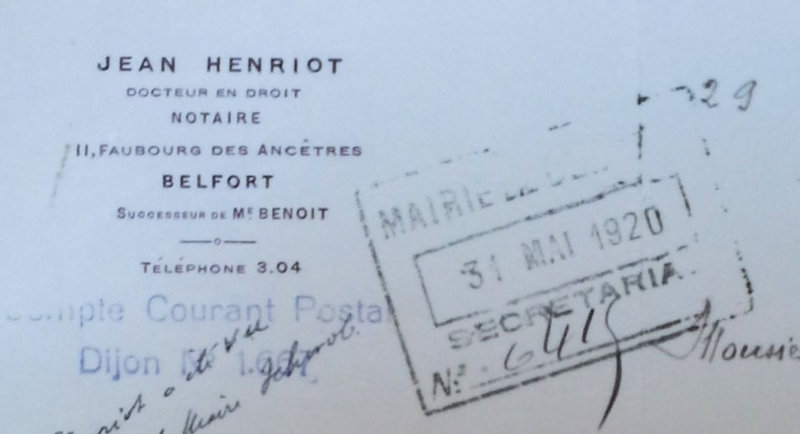 1920 05 20 Courrier notaire Henriot à Maire Dde date acte vente