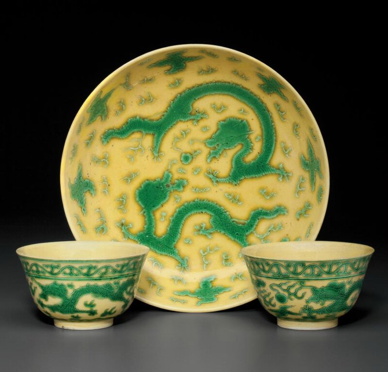 Three yellow and green-glazed vessels, Guangxu six-character marks in underglaze blue and of the period (1875-1908)