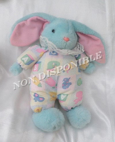 Doudou Peluche Lapin Bleu Oreilles Rose Corps Style Puffalump Collerette Dentelle Blanc