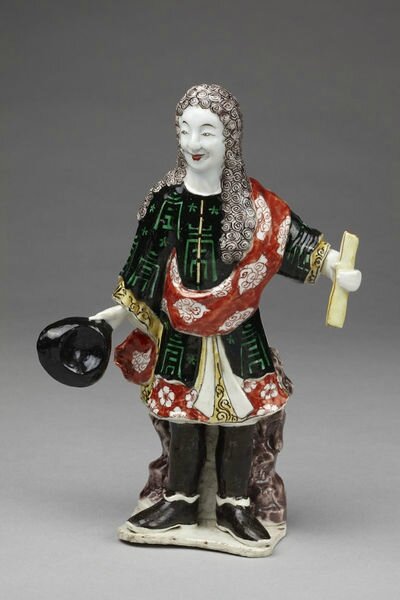 Figure of Louis XIV, porcelain painted with overglaze enamel colours; China, Jingdezhen, Qing dynasty, Kangxi period, ca