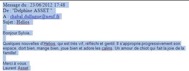 des nouvelles d'HELIOS DE LA DULLAGUE