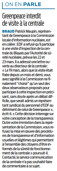 2018 03 29 SO Greenpeace interdit de visite à la centrale