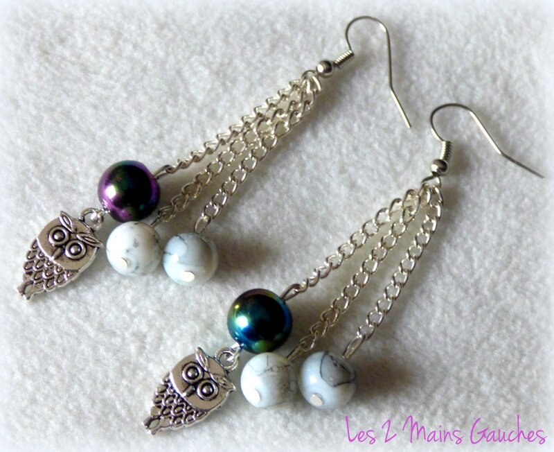 boucles d'oreille 3 perles et chouette