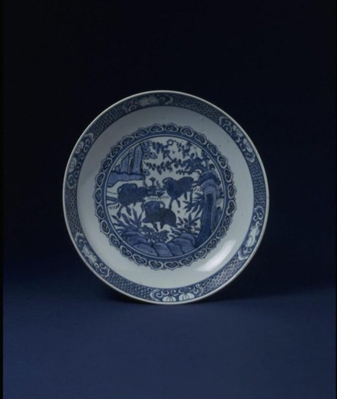 Blue and white 'Three rams' dish, Ming dynasty, 1550-1600,
