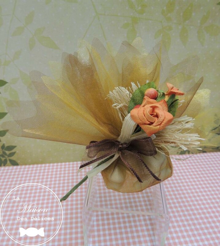 piquet fleur rose orange decoration tulle pochon ballotin dragees mariage bapteme accessoire sujet deco3