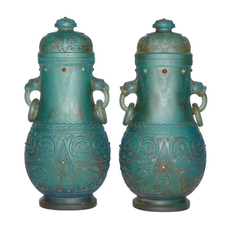 A Pair of Fine and Rare Blue Glass Zun