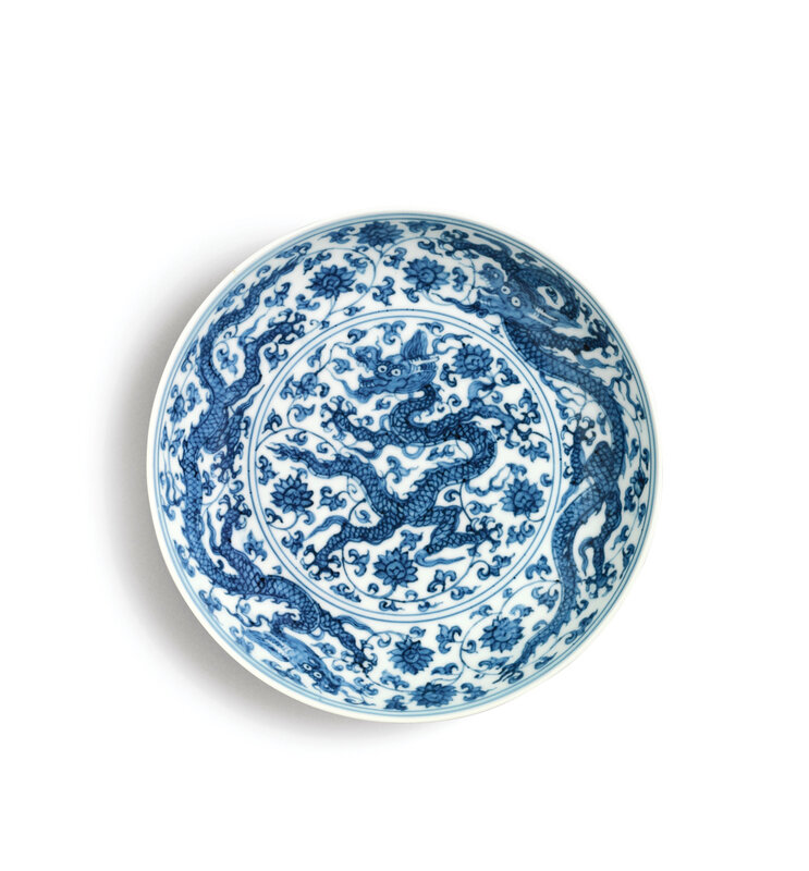 A Fine Blue and White 'Dragon and Lotus' Dish, Mark and period of Zhengde (1506-1521)