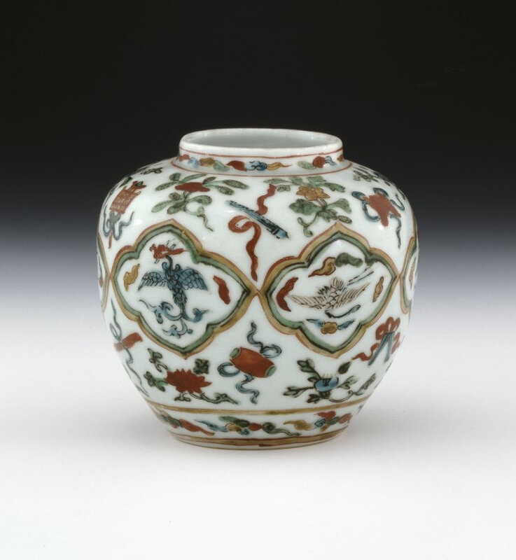Globular porcelain jar with overglaze red, green, yellow, turquoise and black enamels, Ming dynasty, Jiajing mark and period (1522-1566). Height: 10 cm. Bequeathed by Henry J Oppenheim, 1947,0712.266. © The Trustees of the British Museum