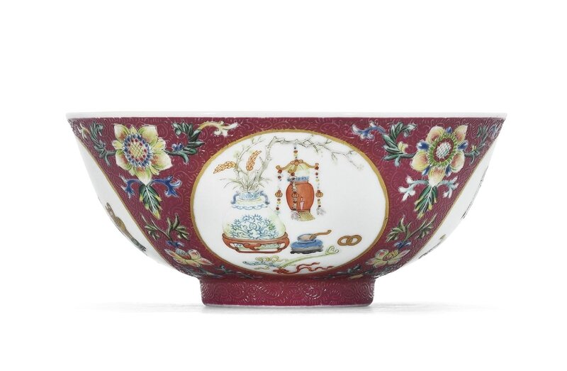 A fine ruby-ground famille rose 'lantern' medallion bowl, Daoguang six-character seal mark in underglaze blue and of the period (1821-1850)