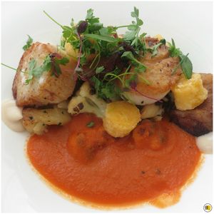 Sea scallops, pork belly, cauliflower, chanterelles, polenta croutons, arugula, smoked tomato broth (2)