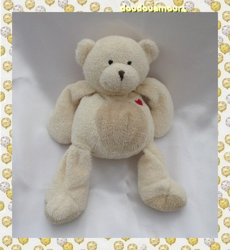 Doudou Peluche Ours Ecru Rond Beige Coeur Rouge Nicotoy