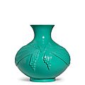 A very rare Imperial opaque turquoise-<b>green</b> <b>glass</b> compressed globular vase, Qianlong four-character mark and of the period