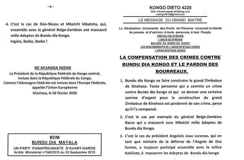 LA COMPENSATION DES CRIMES CONTRE BUNDU DIA KONGO ET LE PARDON DES BOURREAUX a
