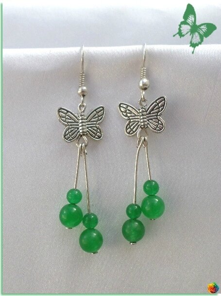 Boucles d'Oreilles Azra Papillon Perles Jade Vert Argent Du Tibet