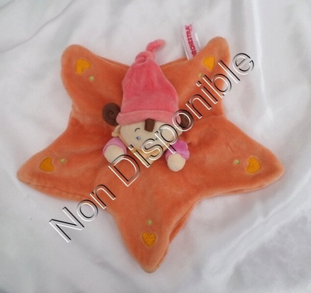 Doudou Peluche Plat Etoile Poupée Lutin Fille Orange Et Rose Broderie Coeur Orchestra