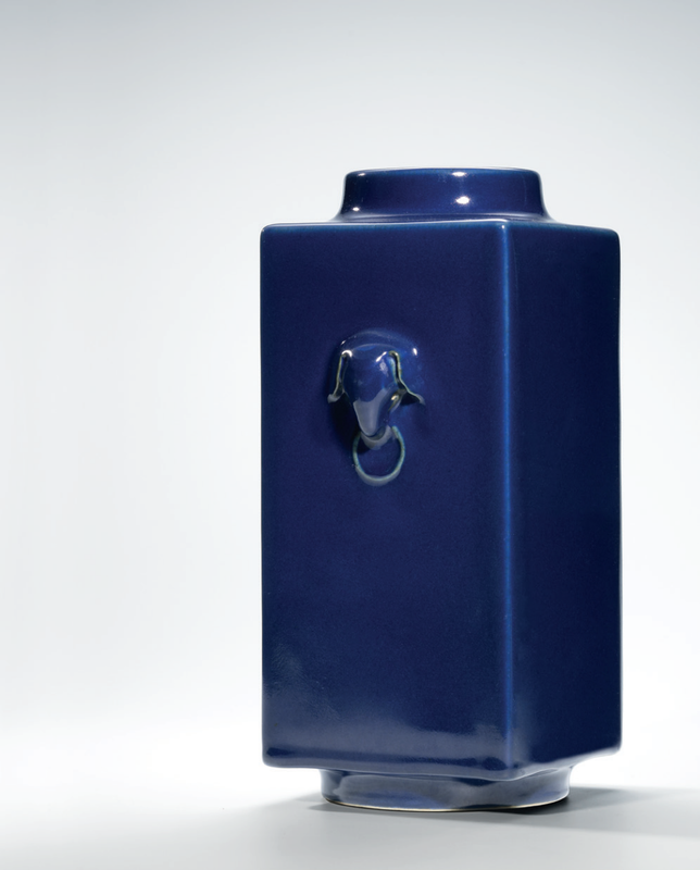 A fine blue-glazed cong-form vase, Qianlong six-character seal mark and of the period (1736-1795) 