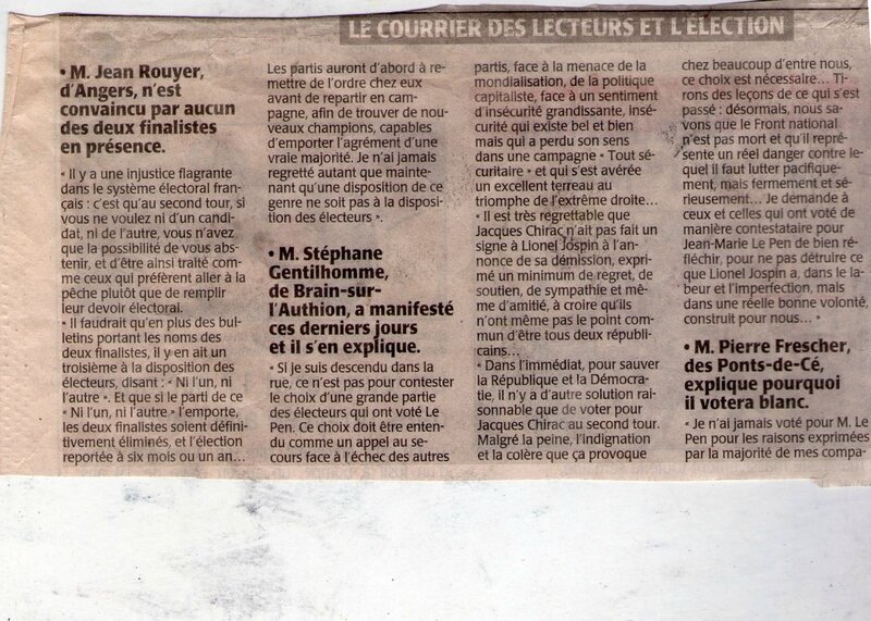 Article de presse élections Chirac-Le Pen extrait de mon texte Rassemblement-Réflexion élections 2002 Courrier de l'Ouest