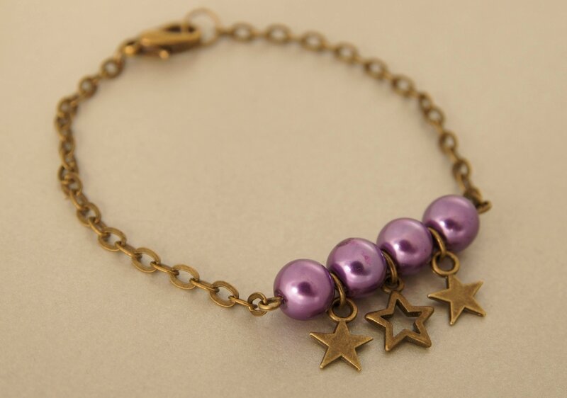 bracelet perles violet et bronze