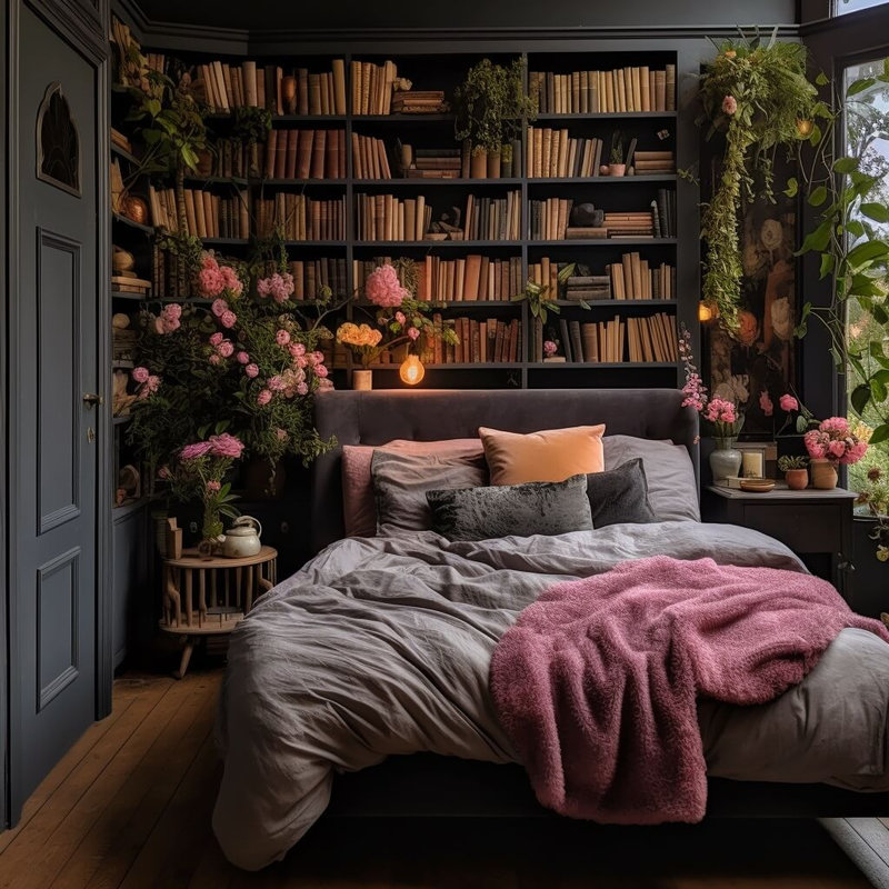 dark-gray-bedroom-pink-accents-books-nordroom