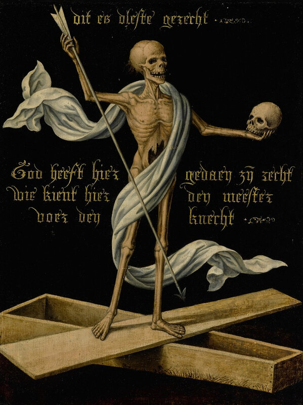 Netherlandish school, mid-16th century, A skeleton standing on an open coffin holding a skull and an arrow, as an Allegory of Earthly Vanity and Divine Salvation